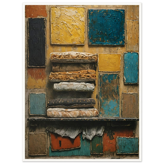 A rustic mixed-media artwork with layered textiles and textured blocks of yellow, blue, and earthy tones, evoking history and craftsmanship.