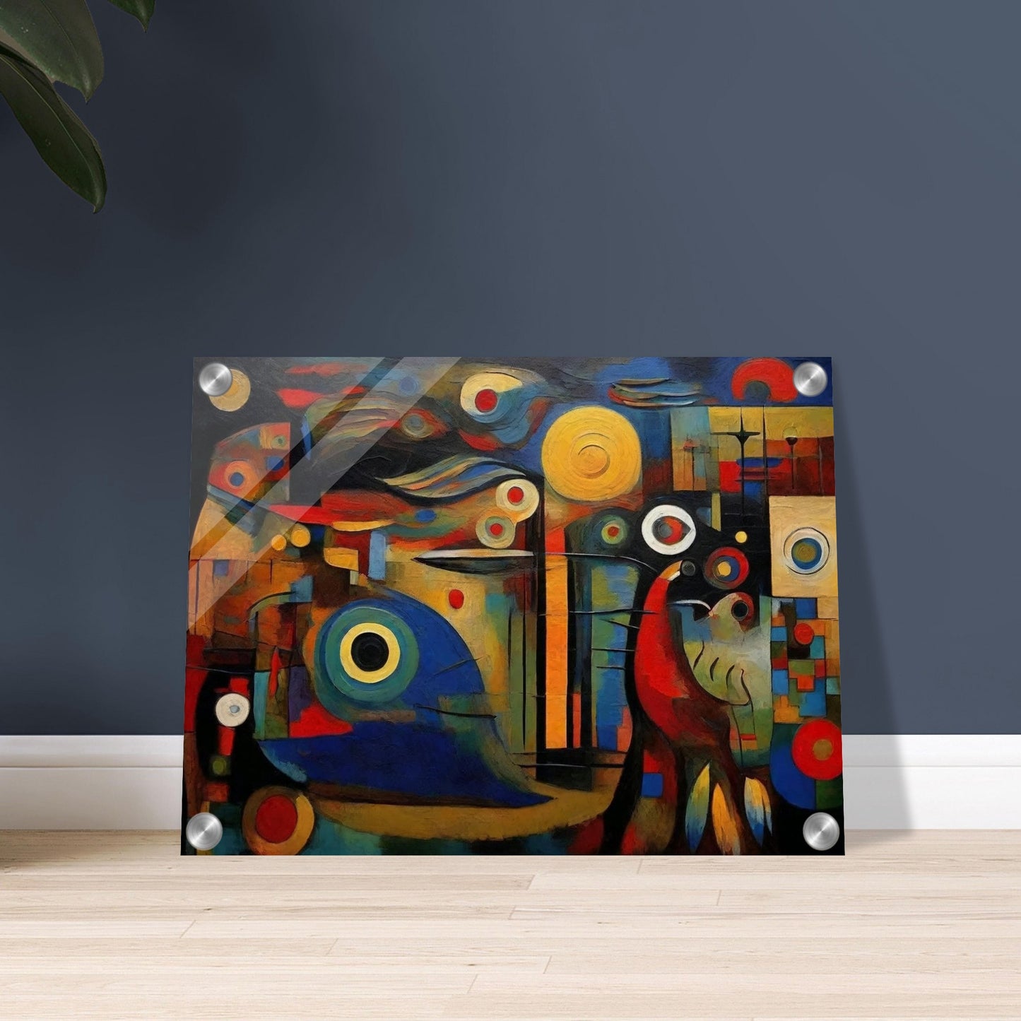 A vibrant abstract painting featuring geometric shapes, bold colors, and dynamic patterns creating a visual symphony.