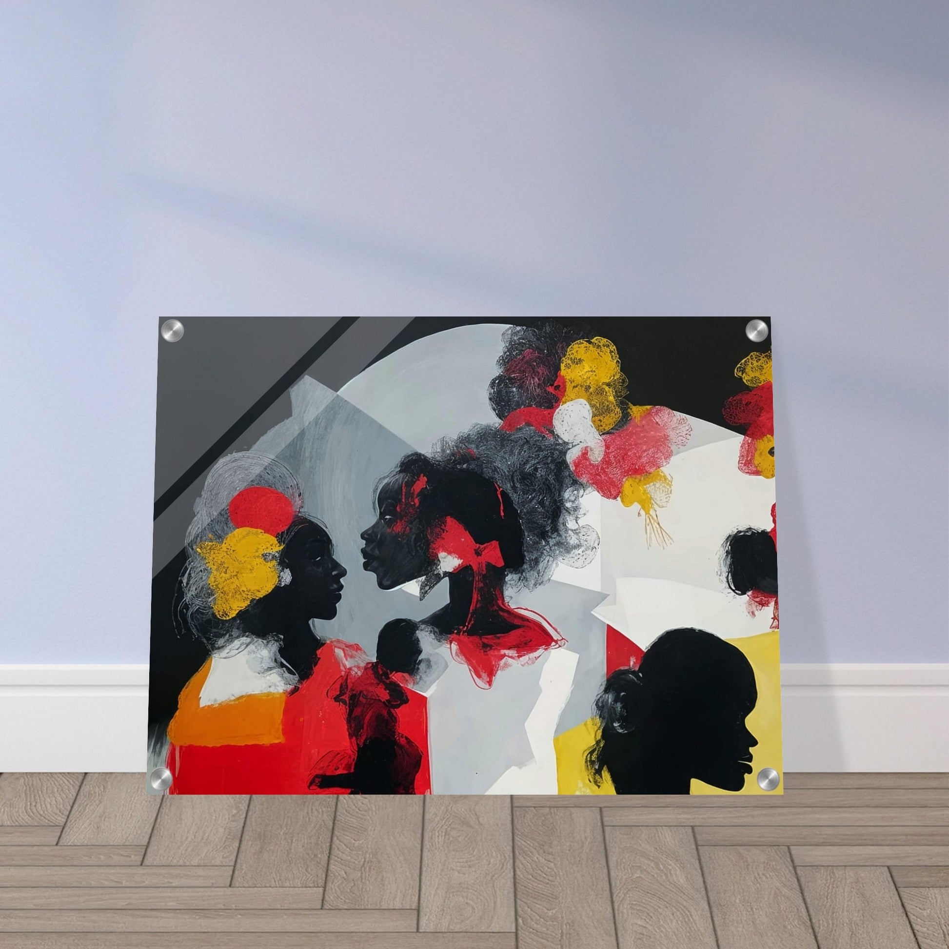 An expressive painting featuring silhouetted profiles of women with colorful abstract accents against a dark background.