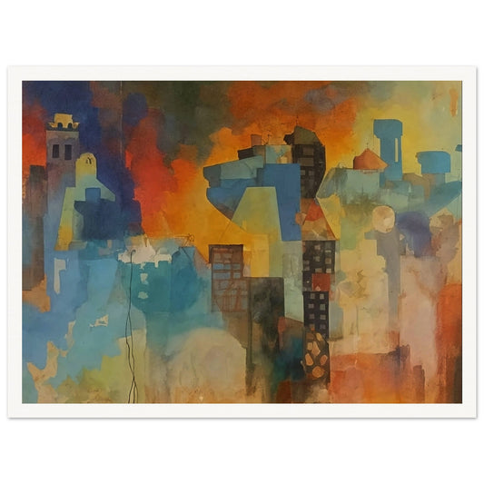 An abstract cityscape painting with a blend of vibrant colors and geometric shapes, illustrating a lively urban scene.