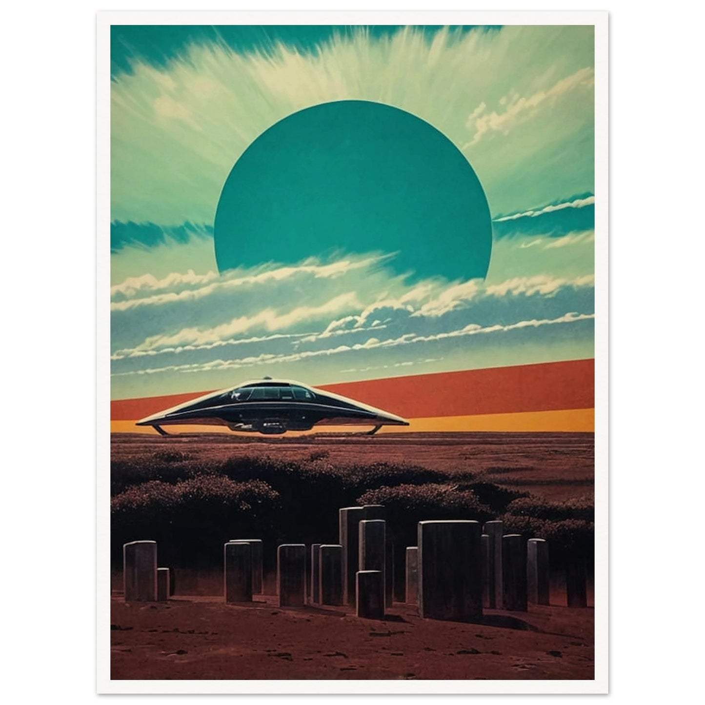 A futuristic landscape with a sleek spaceship hovering above a barren terrain, under a massive sunburst sky with a large teal sun dominating the horizon.