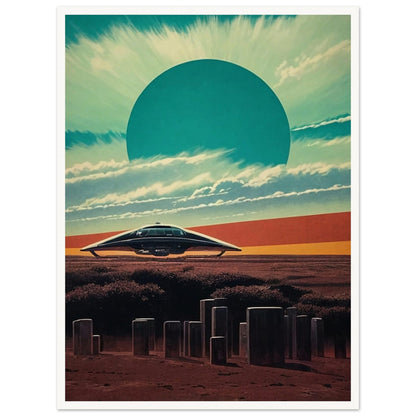 A futuristic landscape with a sleek spaceship hovering above a barren terrain, under a massive sunburst sky with a large teal sun dominating the horizon.