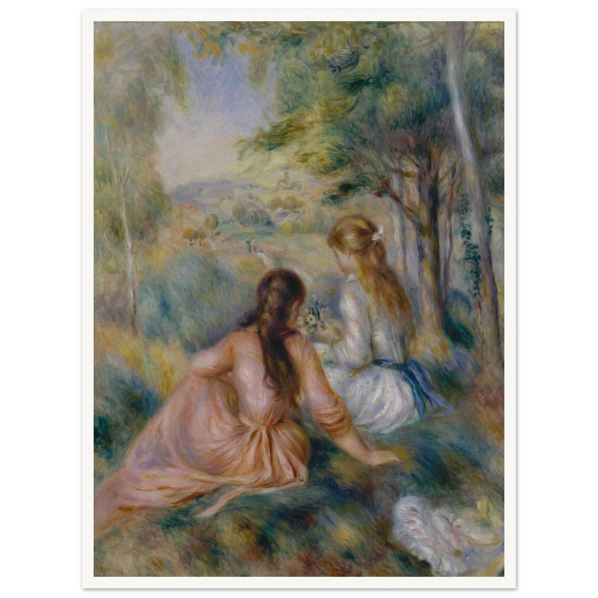 Two girls in pastel dresses sit among trees and flowers in a soft impressionist meadow.