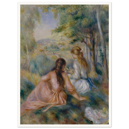 Two girls in pastel dresses sit among trees and flowers in a soft impressionist meadow.