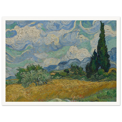 Golden wheat field and dark cypress trees beneath swirling blue-and-white clouds in a vivid Provençal landscape.