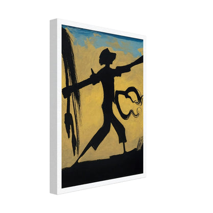 A dynamic silhouette of a warrior holding a spear against a warm, abstract background, capturing movement and strength.