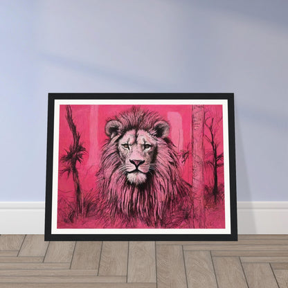 A striking painting of a lion with a majestic mane set against a vivid pink background, capturing the animal's regal presence.