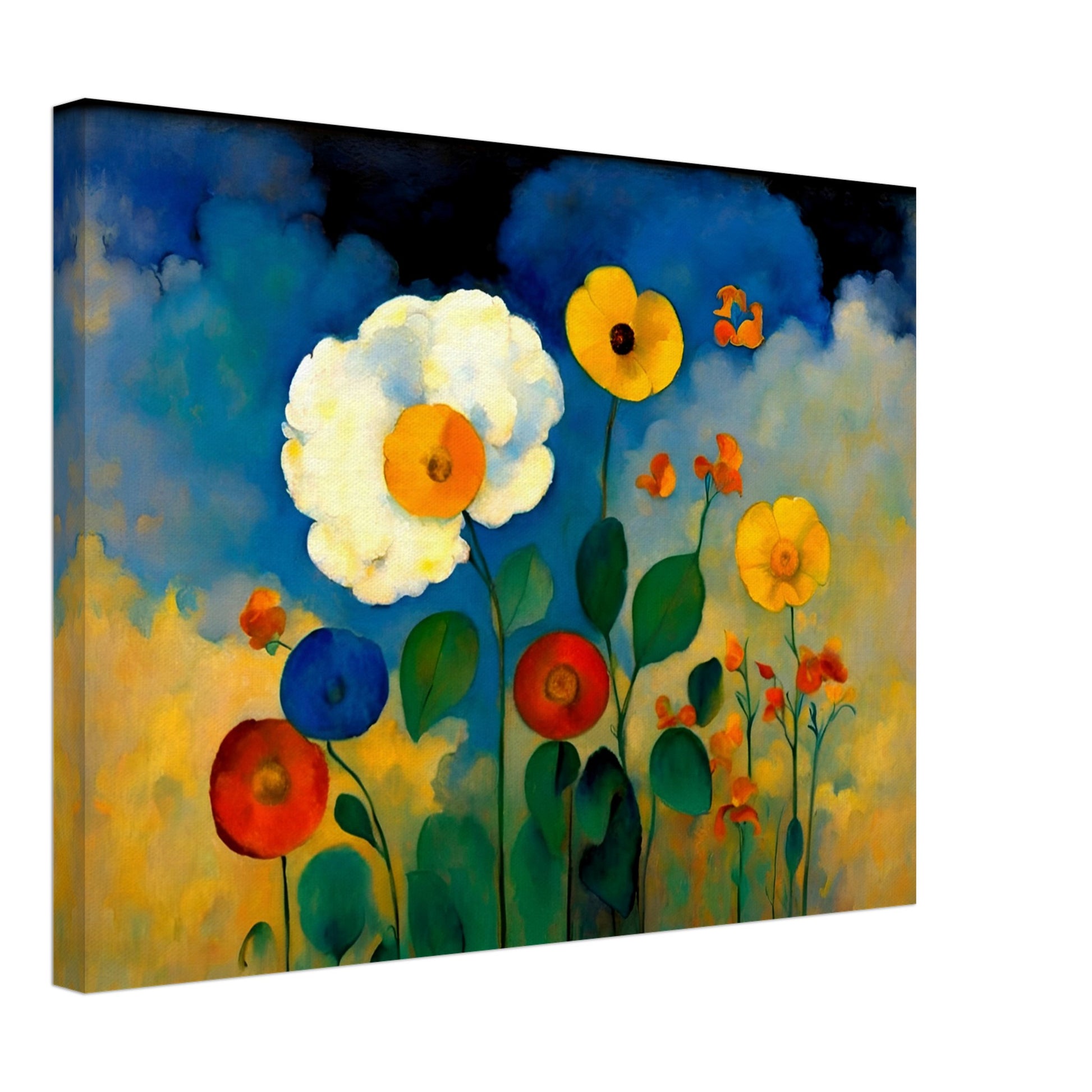 A vibrant floral painting with bold yellow, red, and blue flowers standing against a dreamy sky of deep blues, golds, and soft clouds.