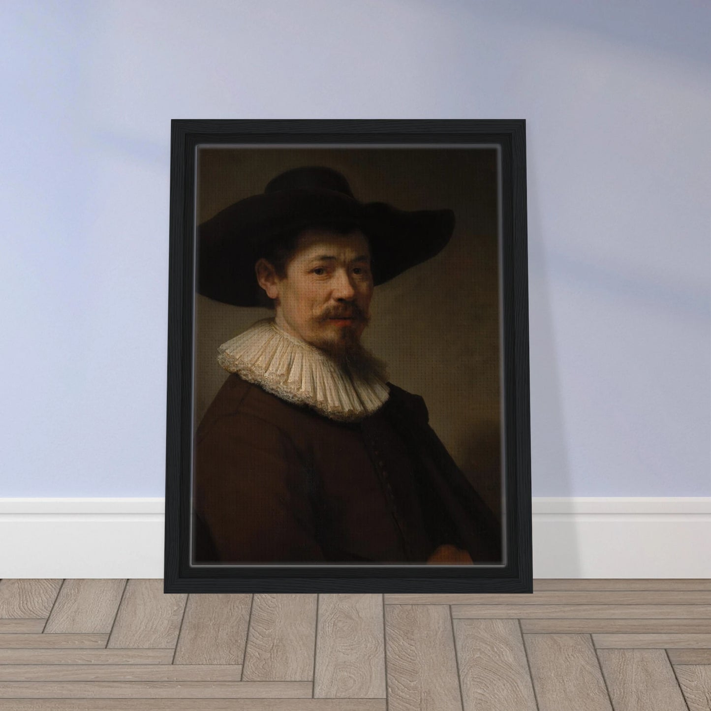 Portrait of Herman Doomer in a black hat, white ruff, and dark coat against a shadowed background