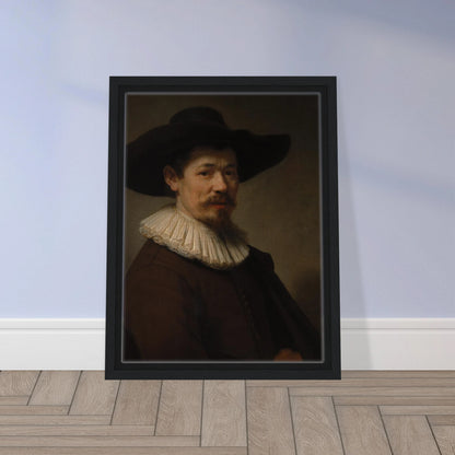 Portrait of Herman Doomer in a black hat, white ruff, and dark coat against a shadowed background