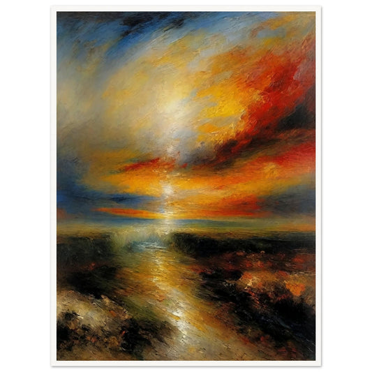 A vibrant painting capturing a dramatic sunset over a landscape. The sky is filled with intense hues of orange, red, and blue, blending seamlessly as the sun descends, casting a warm glow over the water below.