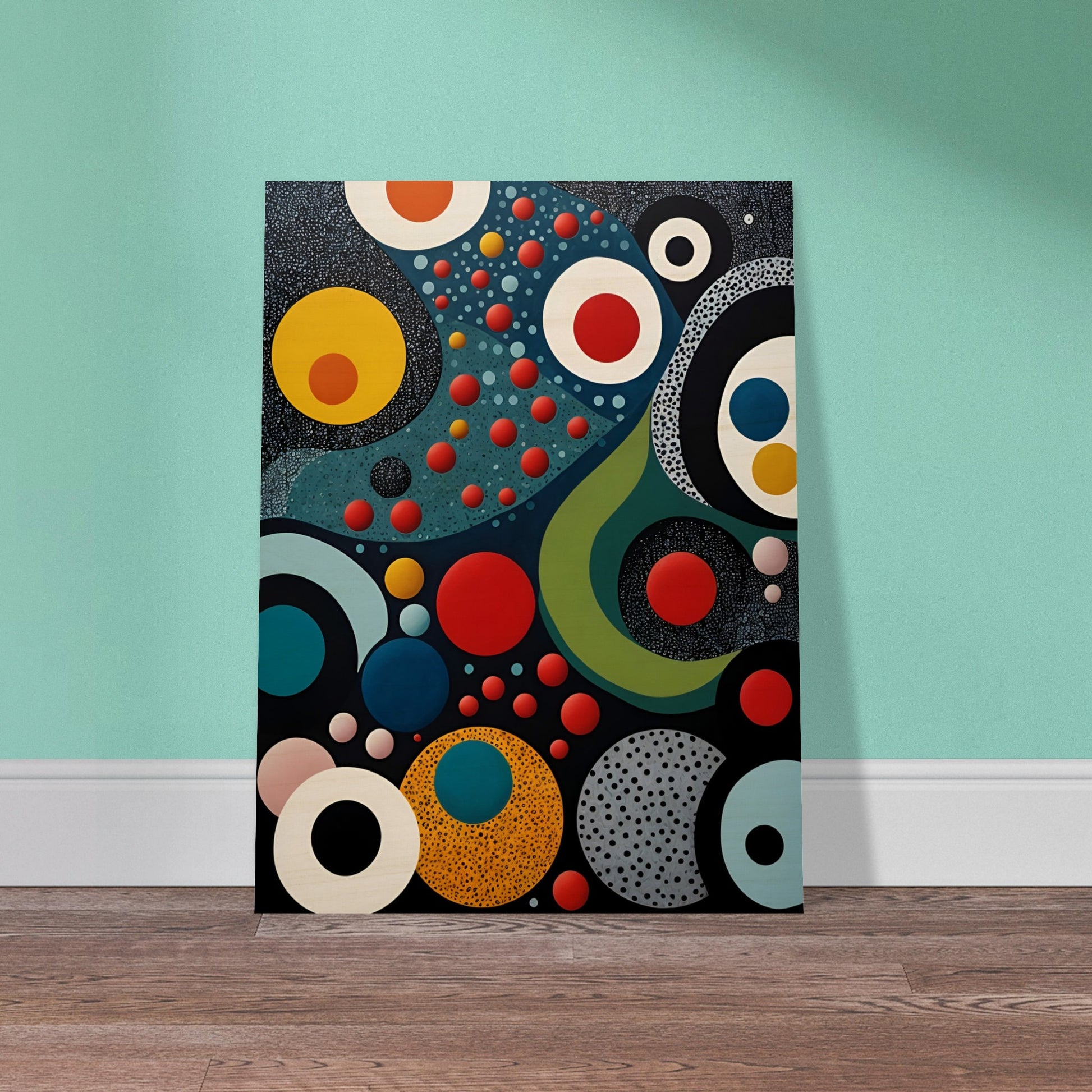 A vibrant geometric painting with bold circles, dots, and flowing shapes in red, blue, yellow, and black, resembling a cosmic abstract scene.