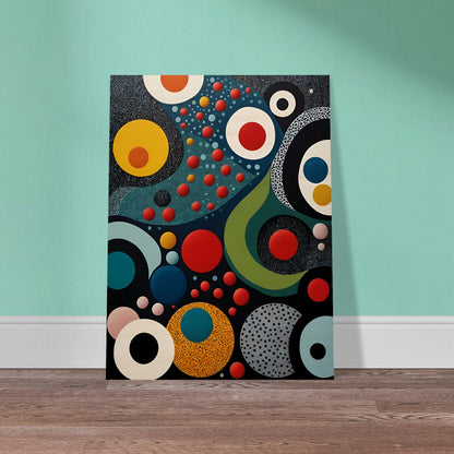 A vibrant geometric painting with bold circles, dots, and flowing shapes in red, blue, yellow, and black, resembling a cosmic abstract scene.