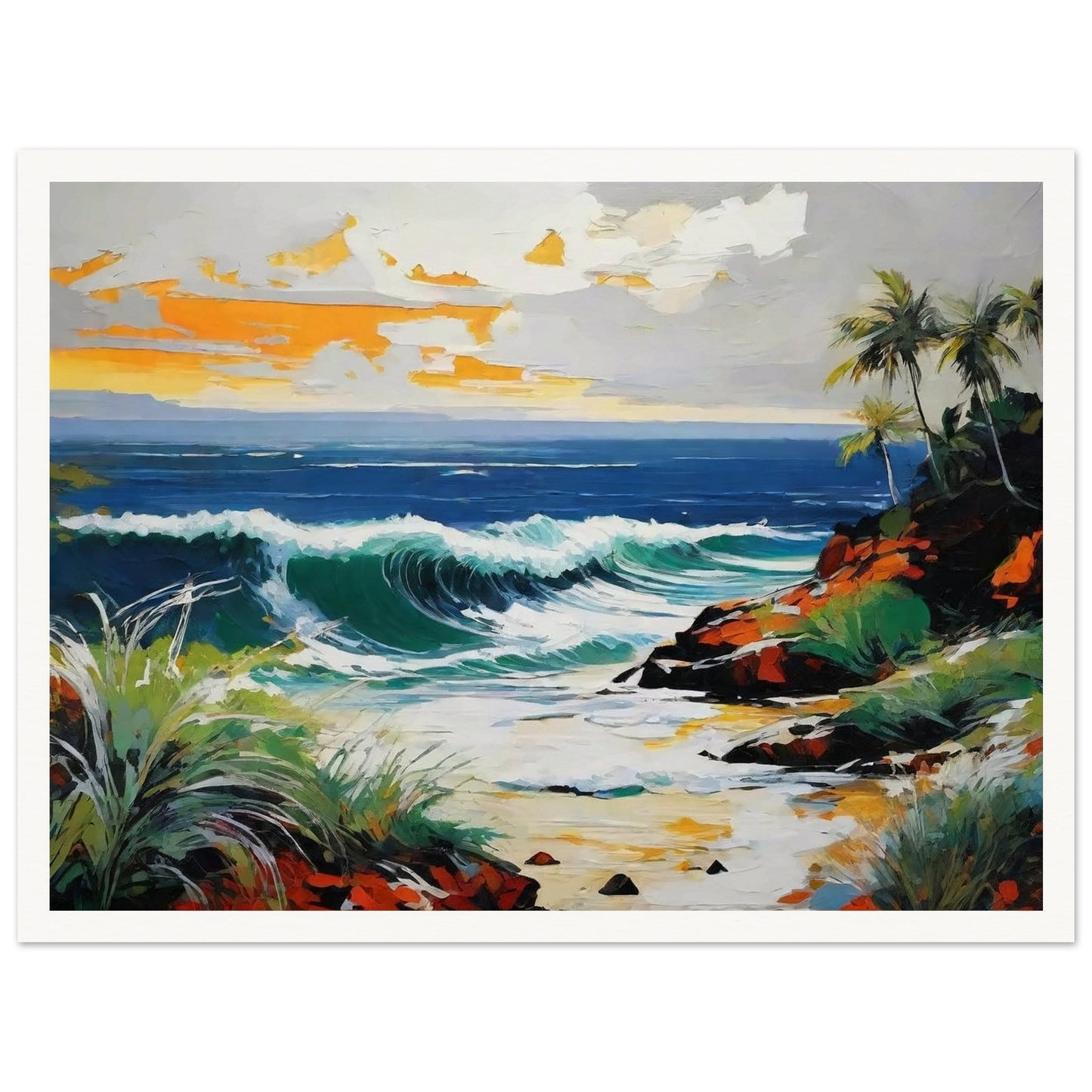 A vibrant painting of an ocean wave crashing onto a rocky coastline with palm trees and a colorful sky at sunset, exuding serenity.