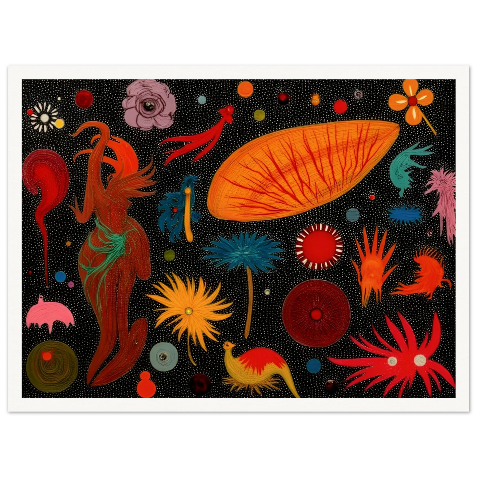 A vivid constellation of surreal floral and animal-like forms scattered over a black dotted background in bright, playful colors.