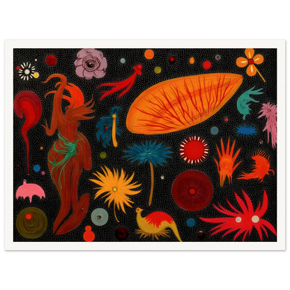 A vivid constellation of surreal floral and animal-like forms scattered over a black dotted background in bright, playful colors.
