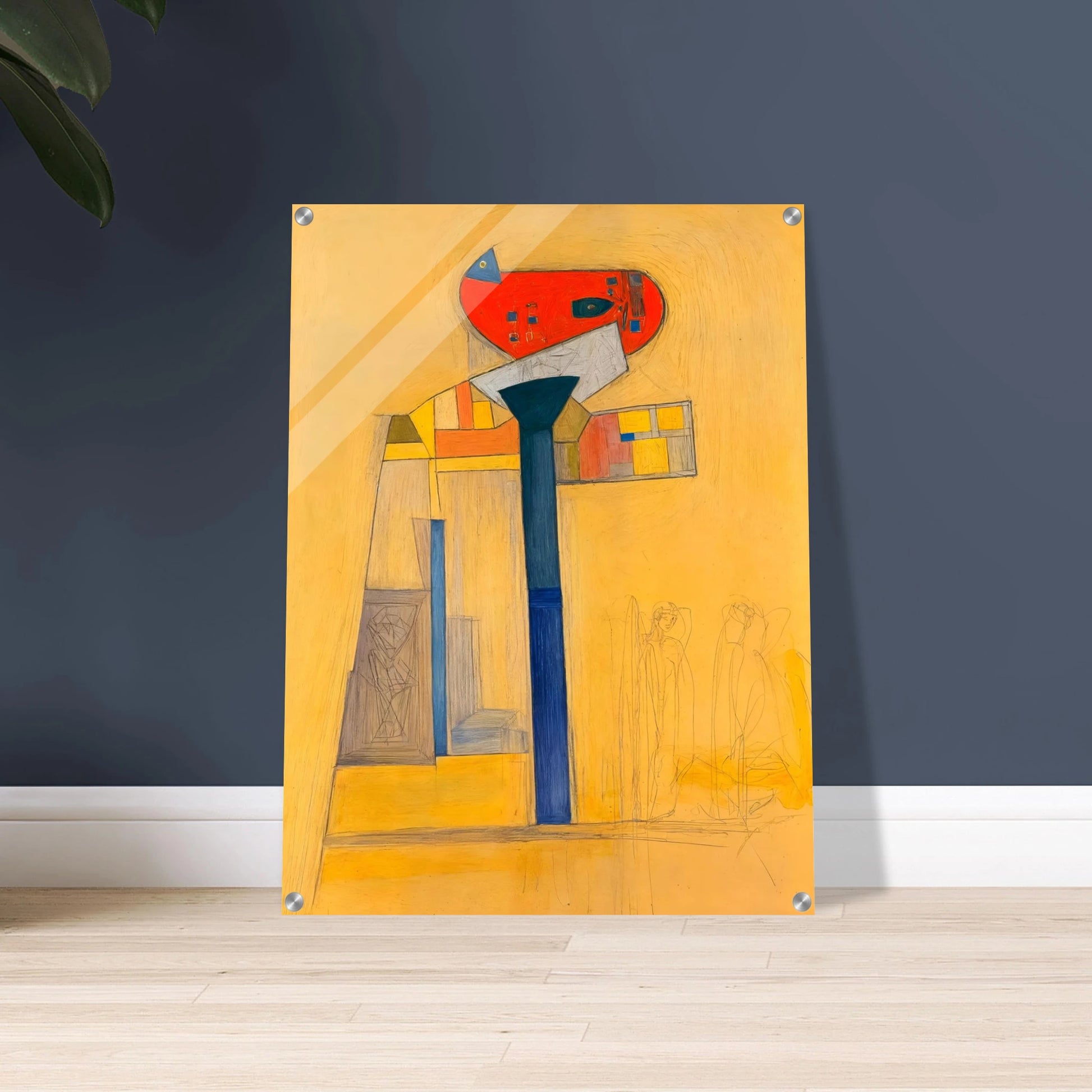 A surreal architectural painting with bold blue and red forms, fine sketches, and golden hues evoking quiet balance and tension.