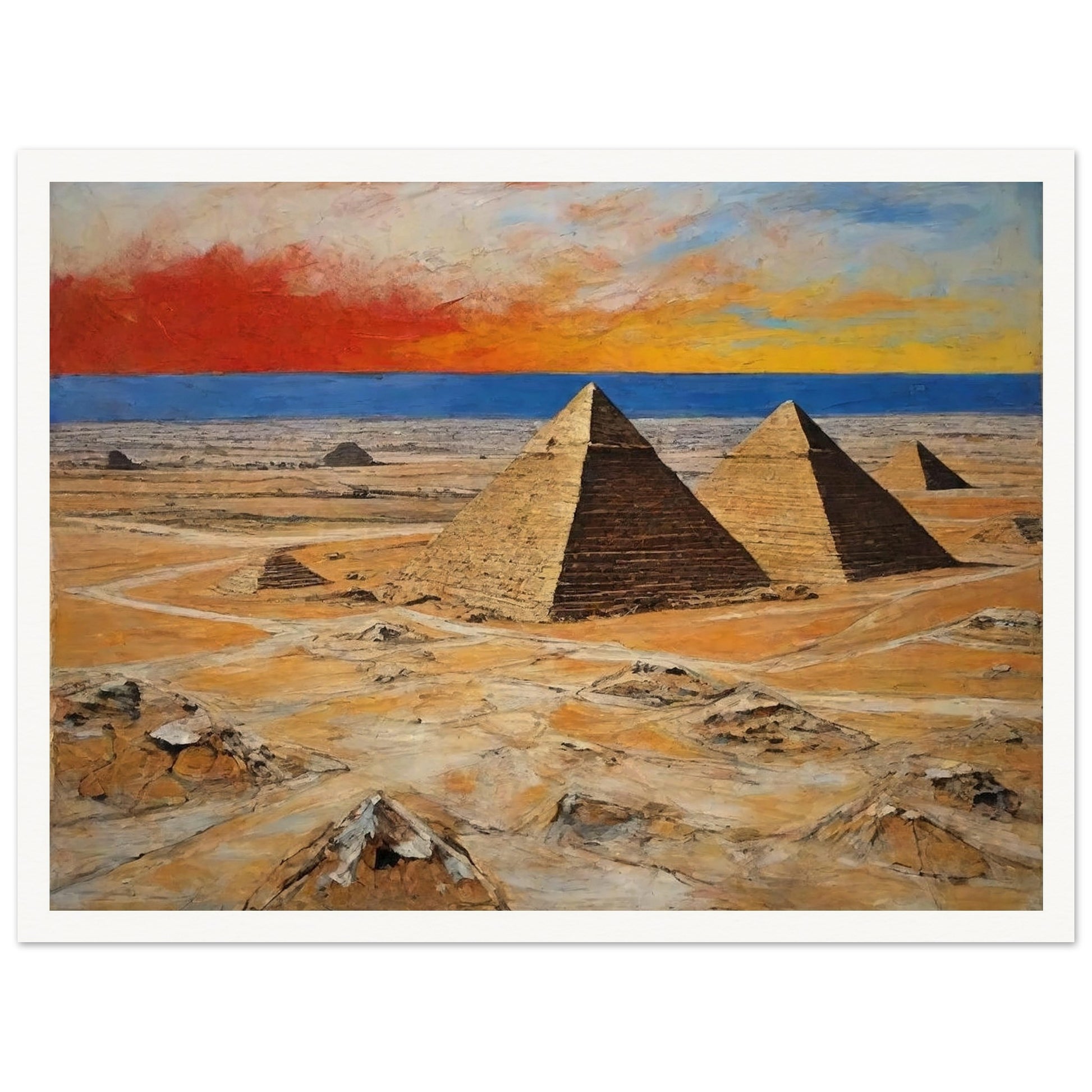 "A dramatic painting of the pyramids in Egypt, set against a vibrant sunset sky with rich shades of red, orange, and blue, highlighting the vast desert landscape."