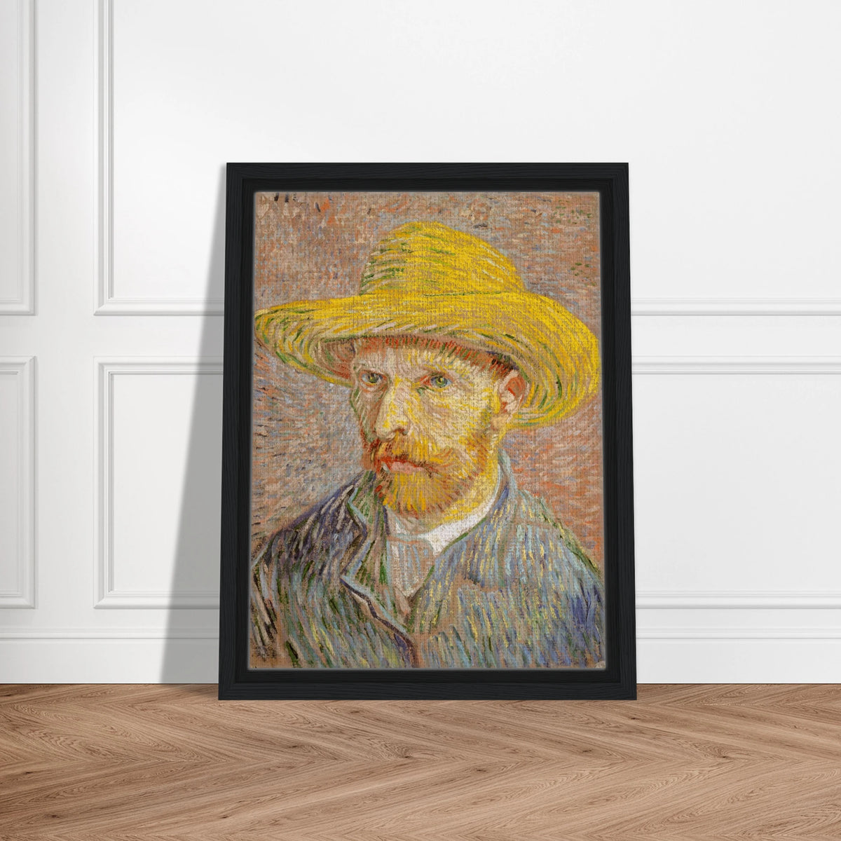 Van Gogh self-portrait in a yellow straw hat, blue jacket, and textured pastel strokes.