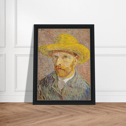 Van Gogh self-portrait in a yellow straw hat, blue jacket, and textured pastel strokes.