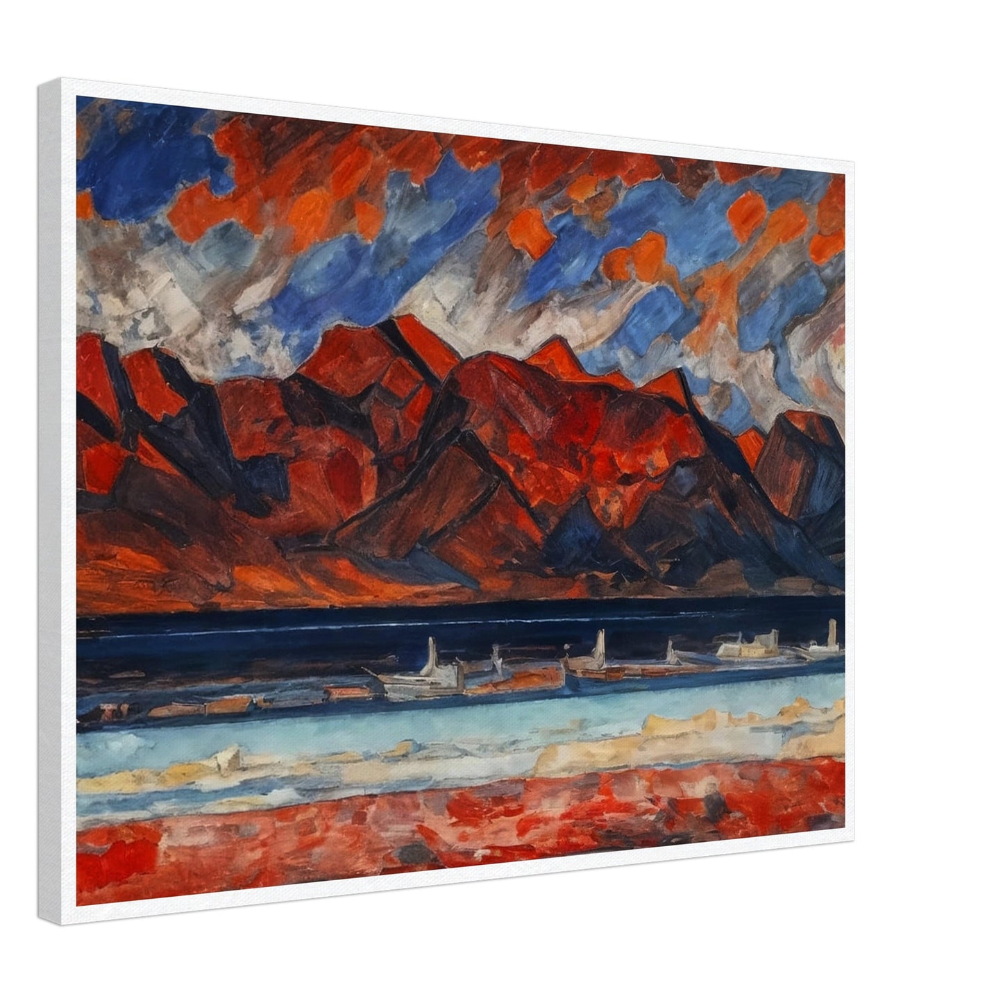 A striking landscape painting with red mountains under a dramatic sky, reflecting vibrant hues in a serene body of water.