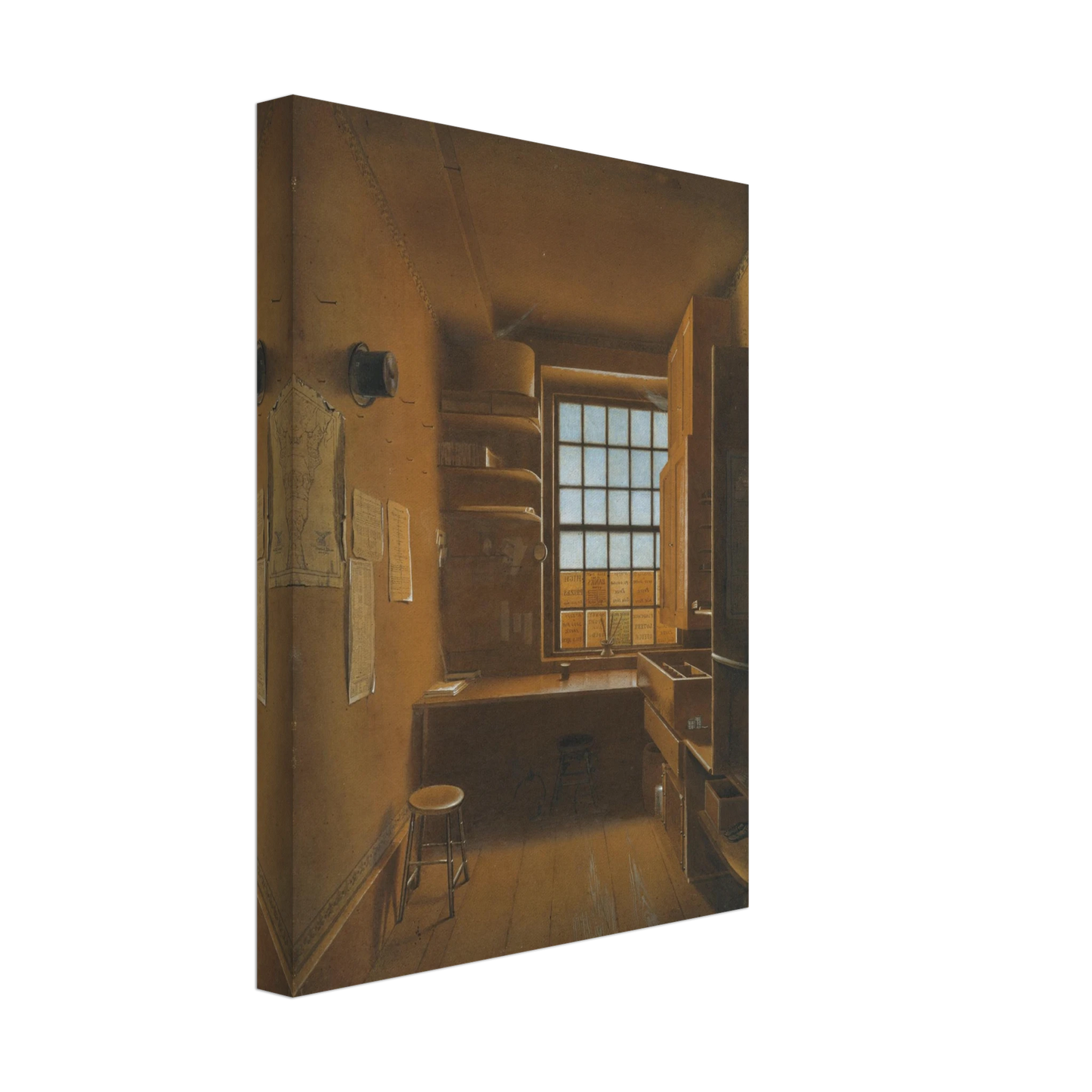 Quiet lottery office interior with wooden desk, stools, shelves, and a sunlit window