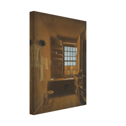 Quiet lottery office interior with wooden desk, stools, shelves, and a sunlit window