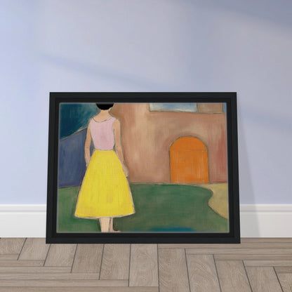 A girl in a yellow skirt faces a soft courtyard with an orange arched door and muted walls.