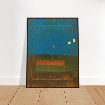 Minimalist painting featuring a deep blue sky with two glowing moons and a small orange square over a layered earth-toned foreground.