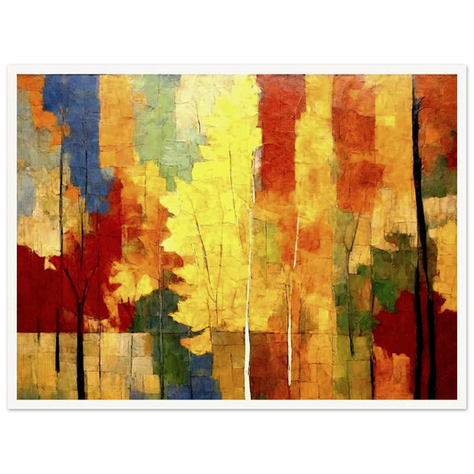 A vibrant painting of autumn trees, featuring bold colors like yellow, red, and orange, with a mix of abstract brush strokes depicting a forest scene.