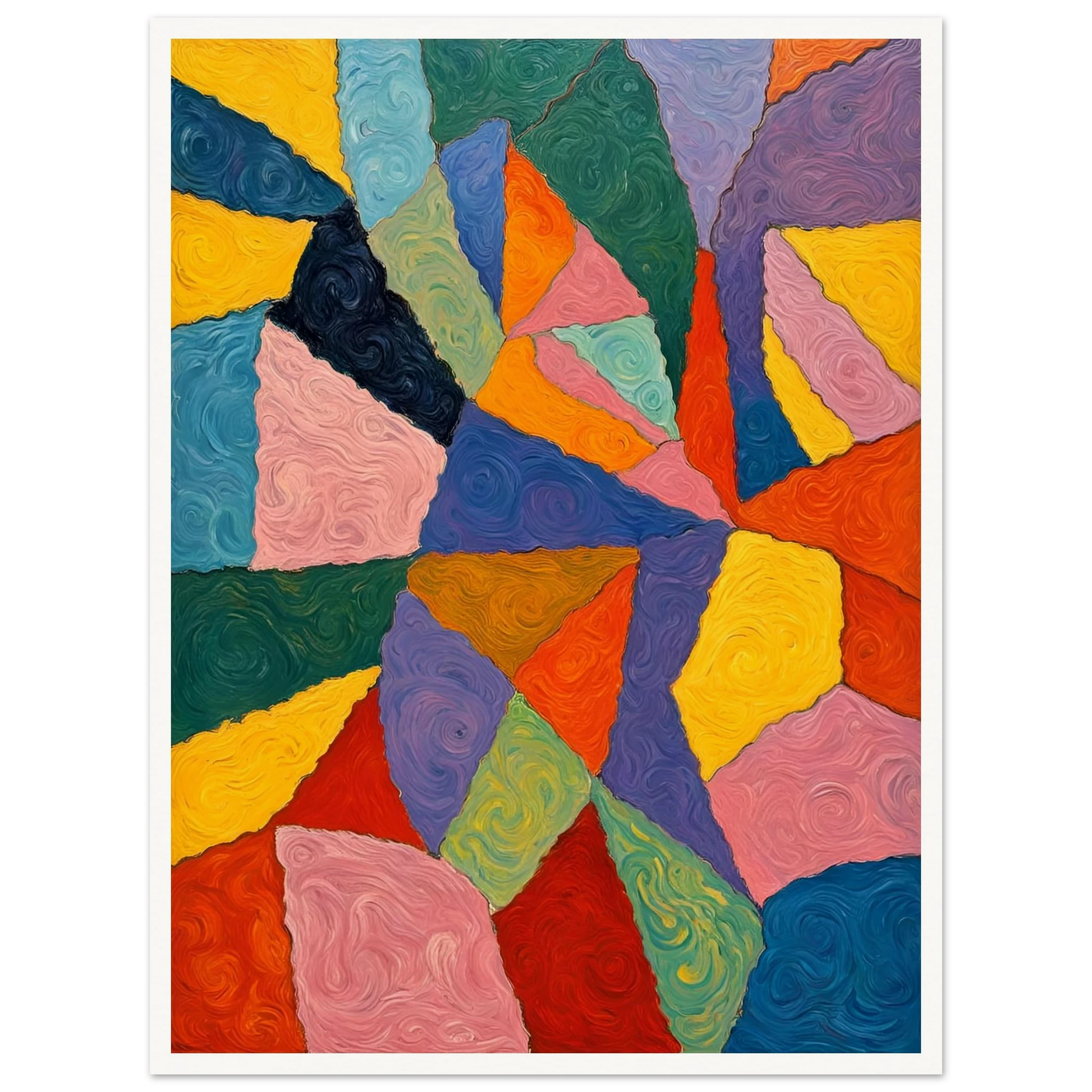 Vivid oil painting with swirling, colorful shapes in bold primary hues forming an intricate geometric mosaic.