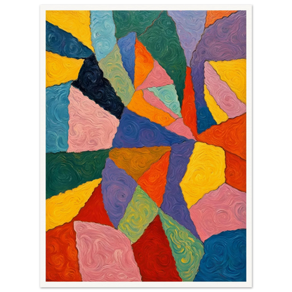 Vivid oil painting with swirling, colorful shapes in bold primary hues forming an intricate geometric mosaic.