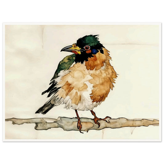 "A delicate painting of a small bird with fluffy, colorful feathers perched on a branch, set against a soft, neutral background."