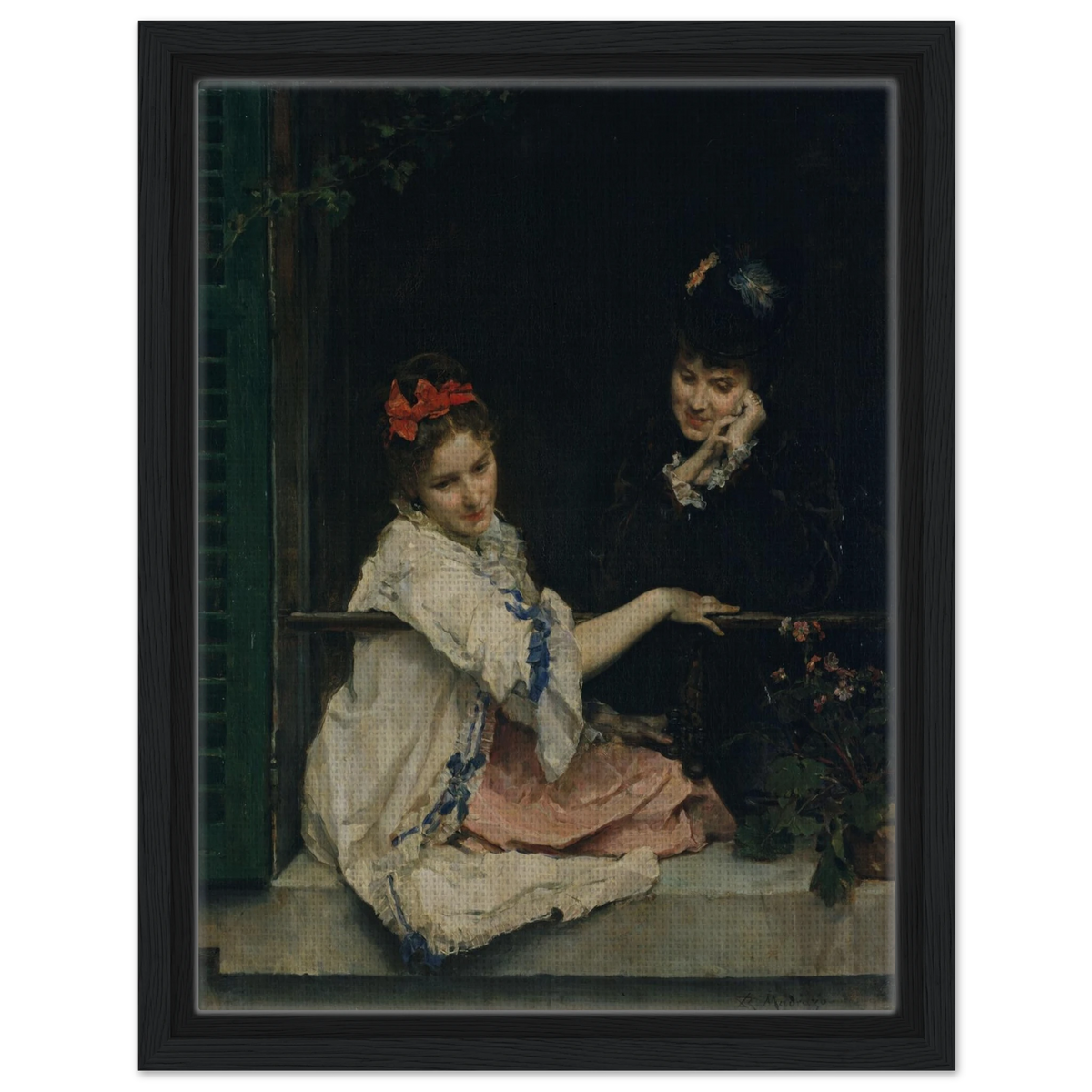 Two girls sit at a dark window, one in white with a red bow and the other in black.