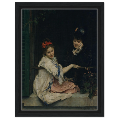 Two girls sit at a dark window, one in white with a red bow and the other in black.