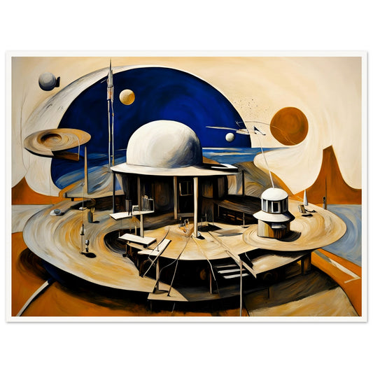 A surreal futuristic space colony with domed structures, floating planets, and spacecraft, set in an otherworldly cosmic landscape.