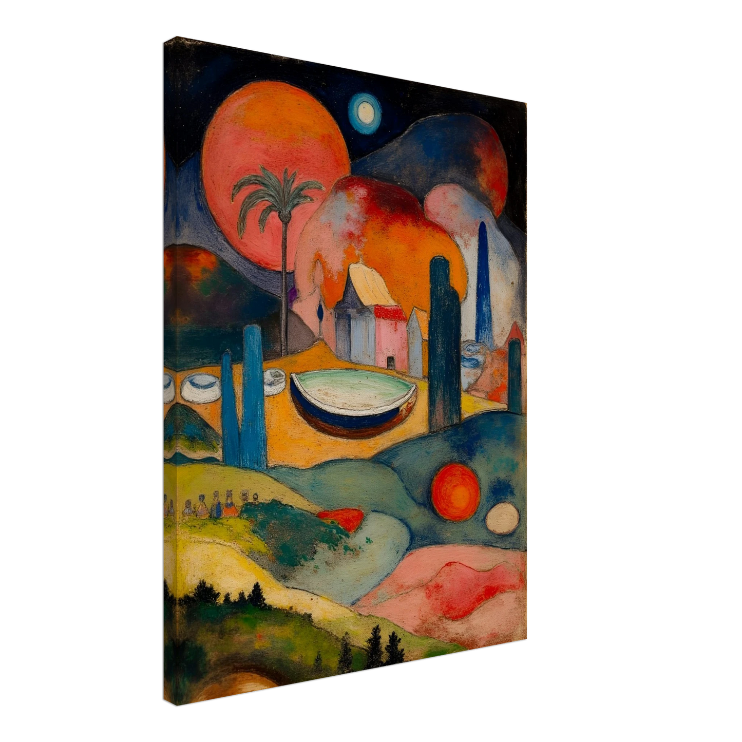 A surreal fantasy landscape featuring colorful geometric buildings, a small boat, rolling hills, glowing celestial spheres, and a palm tree beneath a dark starry sky.