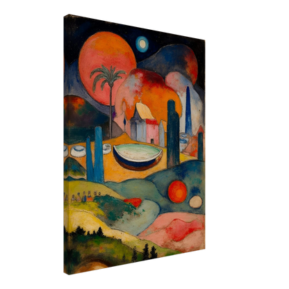 A surreal fantasy landscape featuring colorful geometric buildings, a small boat, rolling hills, glowing celestial spheres, and a palm tree beneath a dark starry sky.