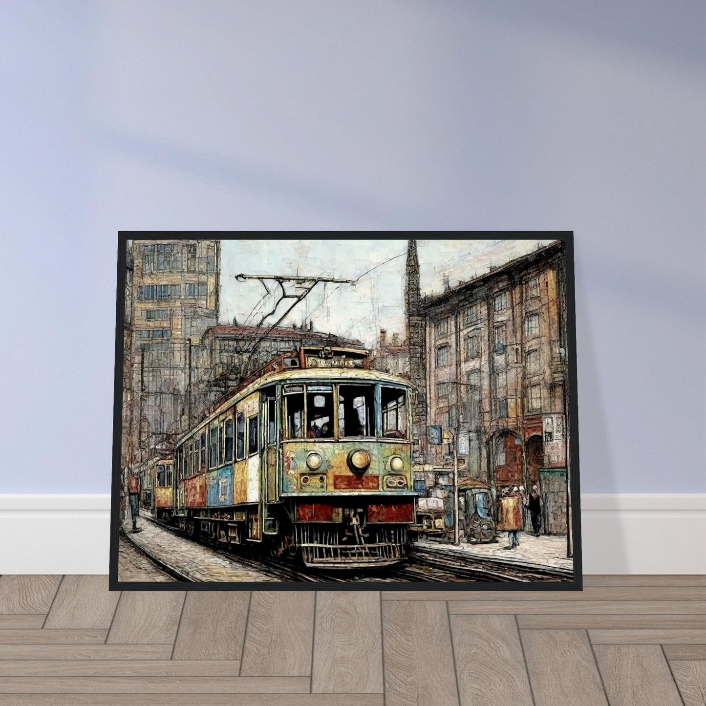 "A detailed painting of a vintage tram traveling through a bustling city street, surrounded by old buildings and a busy urban environment, evoking a nostalgic feel."