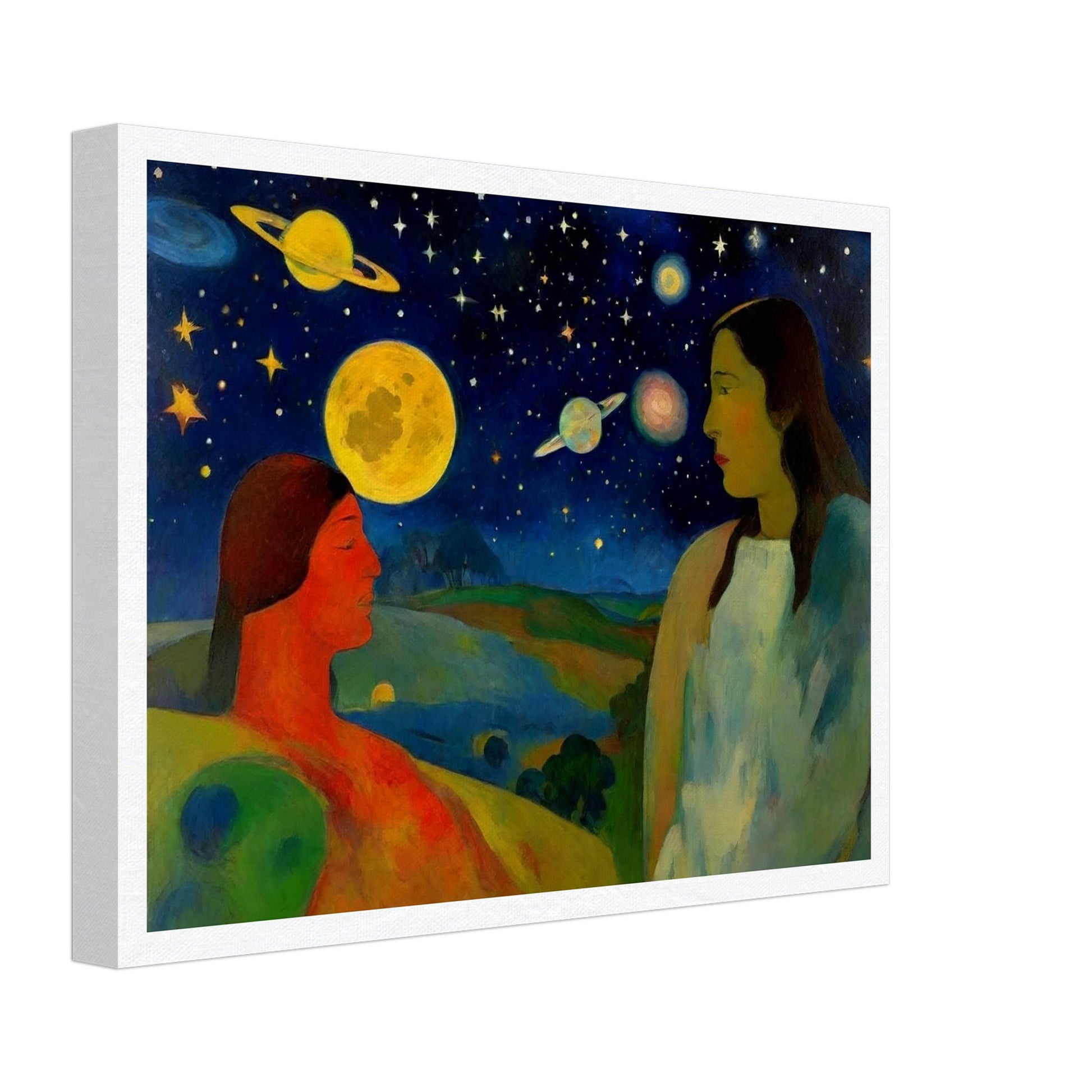 A vibrant scene of two people under a cosmic sky, featuring large planets and stars, set in an otherworldly landscape