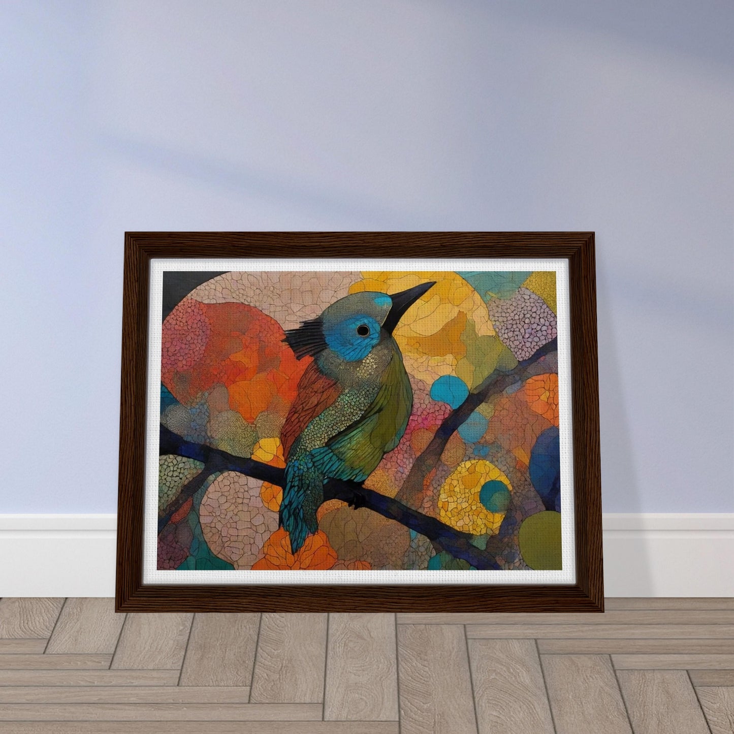 "A stunning painting of a bird perched on a branch, filled with vibrant hues of blue, green, and orange, surrounded by abstract, colorful patterns in the background."