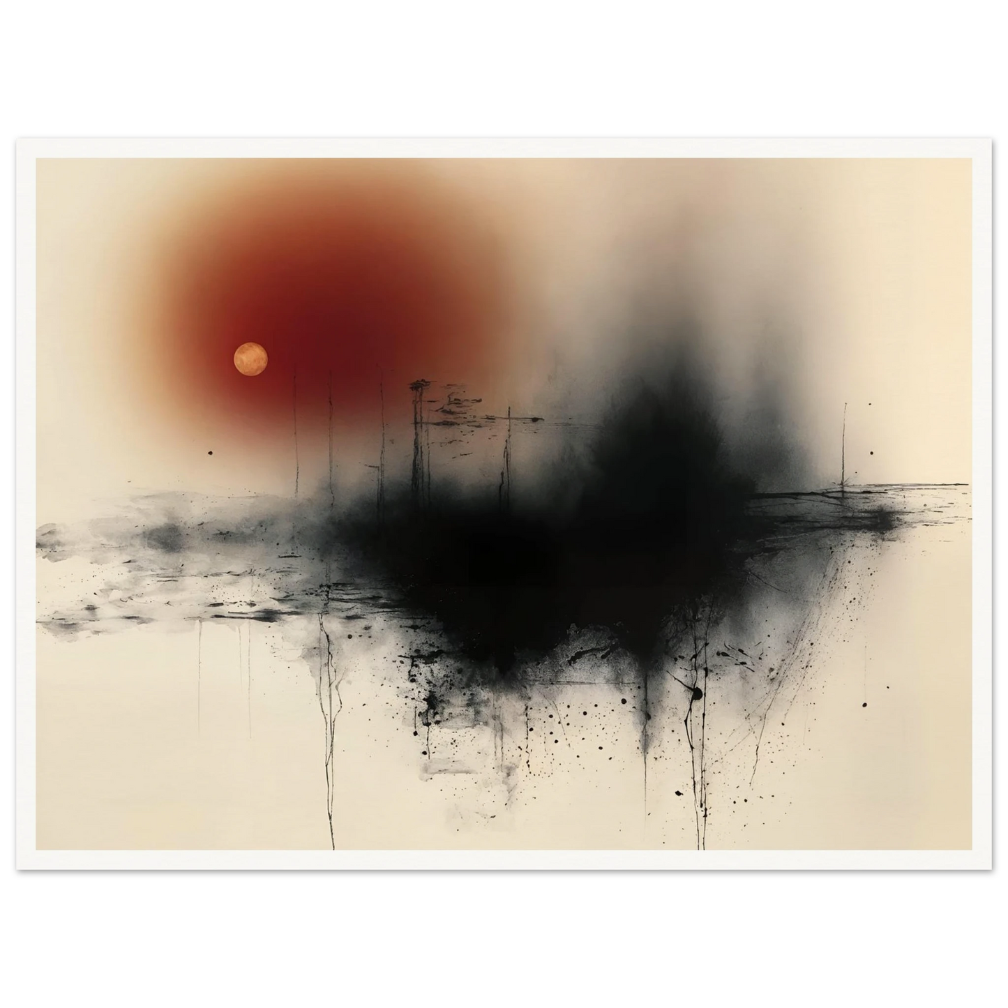 Black ink horizon with red sun and small gold moon on a cream field, with fine lines and splatters.