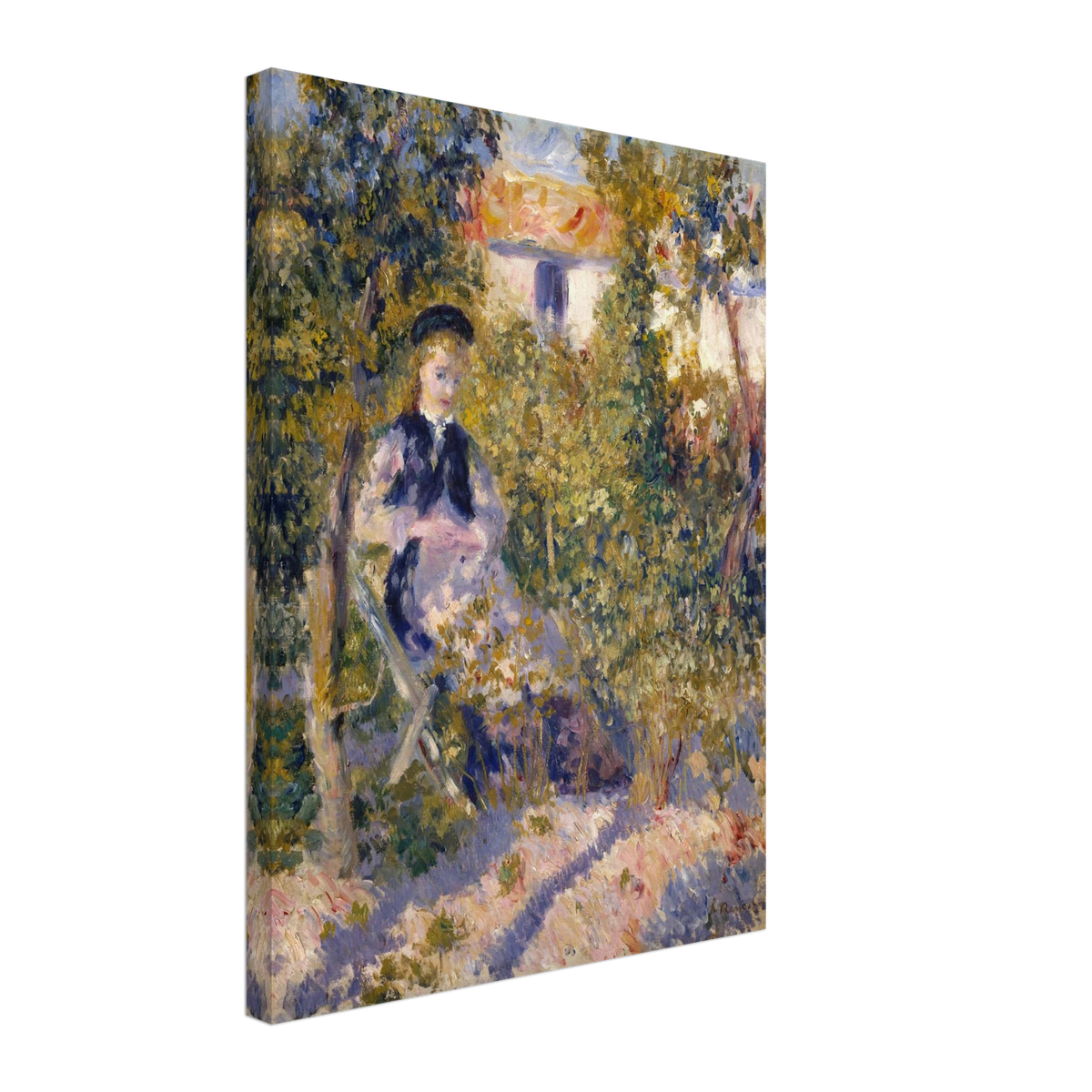 A woman sits in a flower-filled garden, surrounded by loose, colorful brushstrokes.