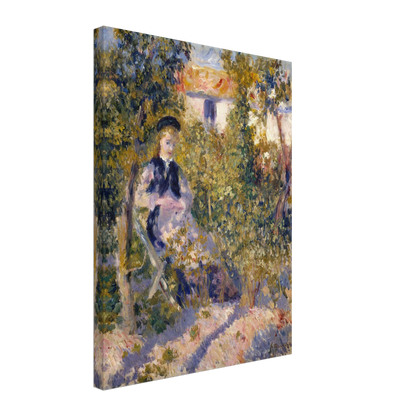 A woman sits in a flower-filled garden, surrounded by loose, colorful brushstrokes.