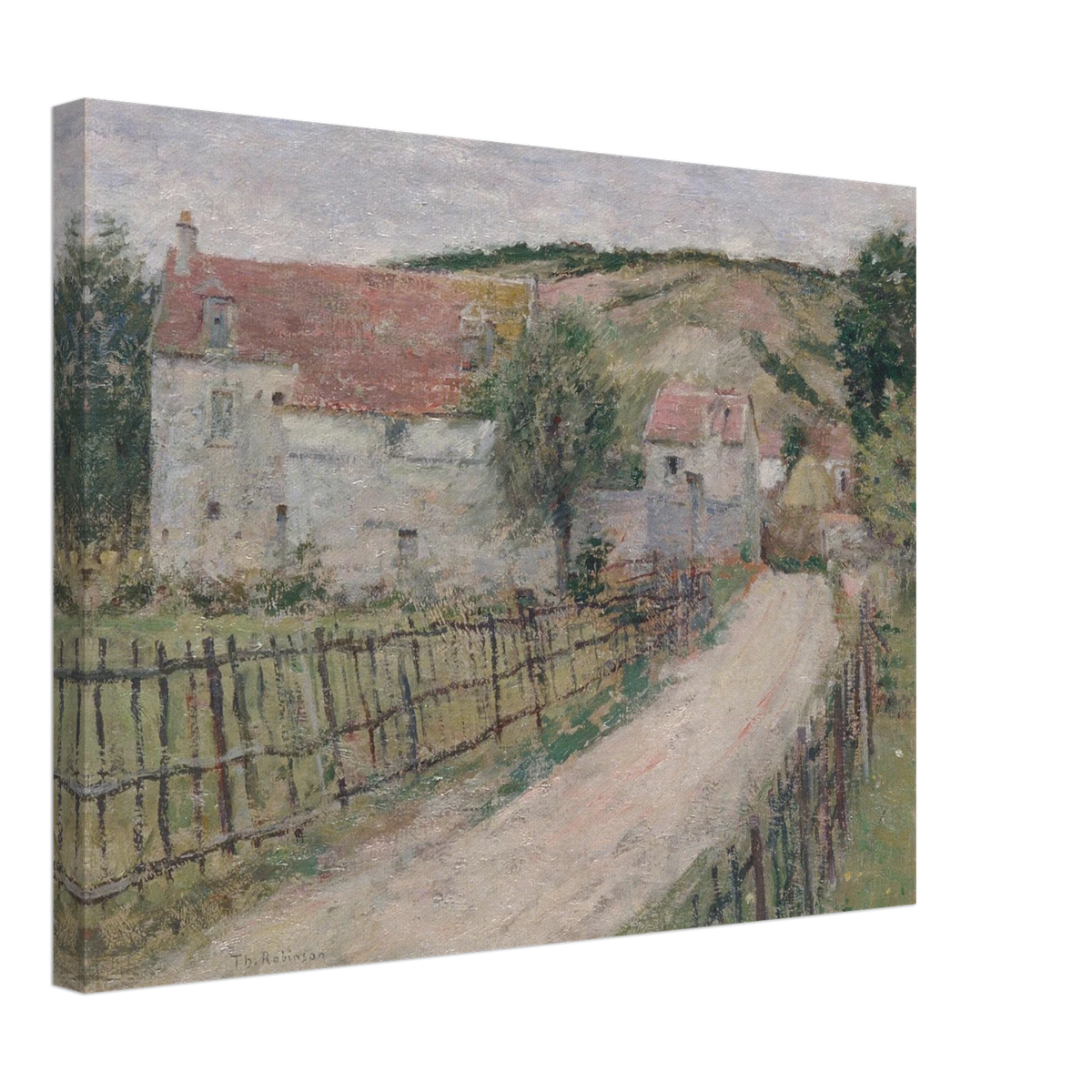 Country road curves past white village houses and fences toward a hill under a pale cloudy sky.