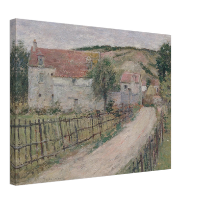 Country road curves past white village houses and fences toward a hill under a pale cloudy sky.