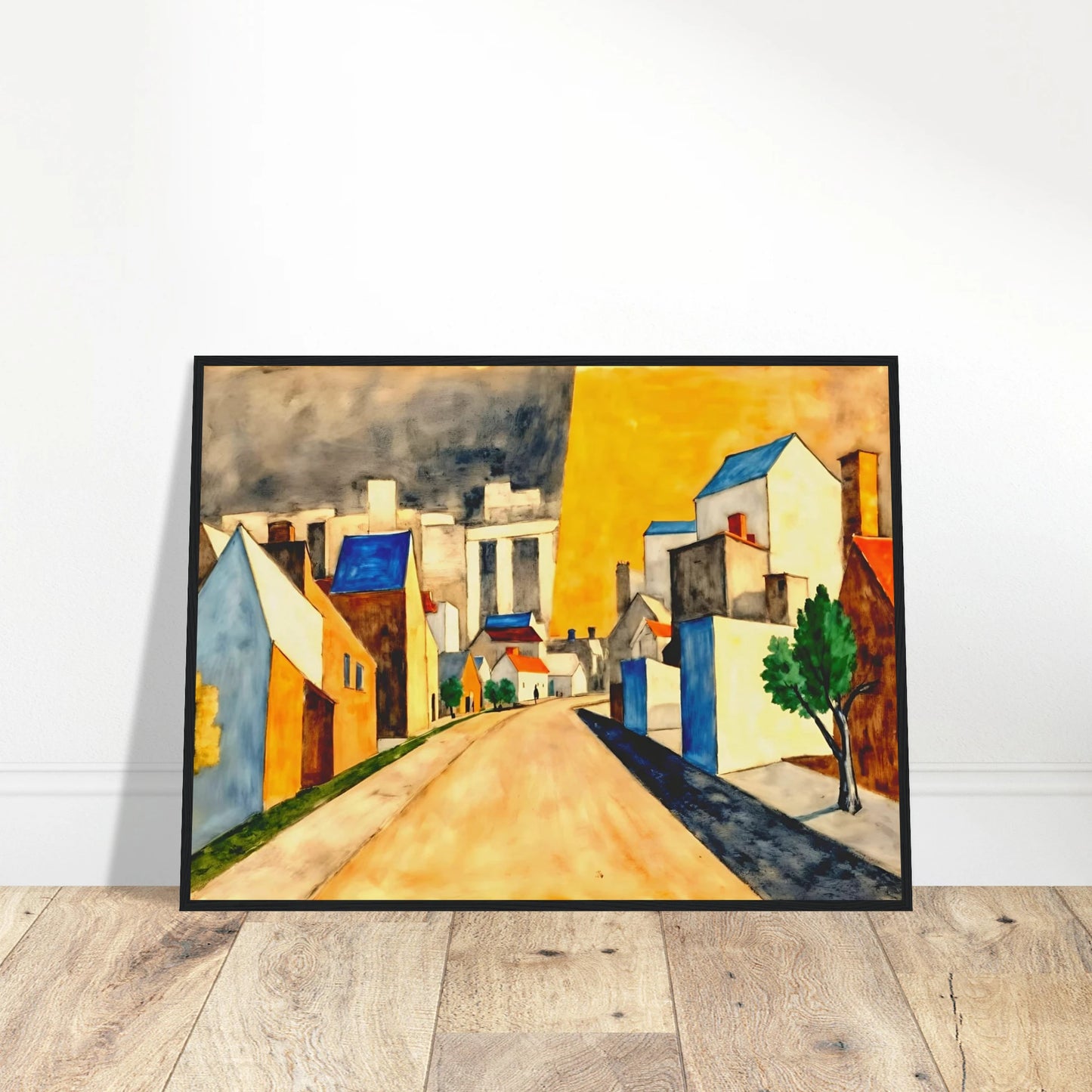 An expressionist townscape featuring a winding street lined with white and golden buildings, vivid blue rooftops, green trees, and a dramatic yellow sky contrasted by dark clouds.