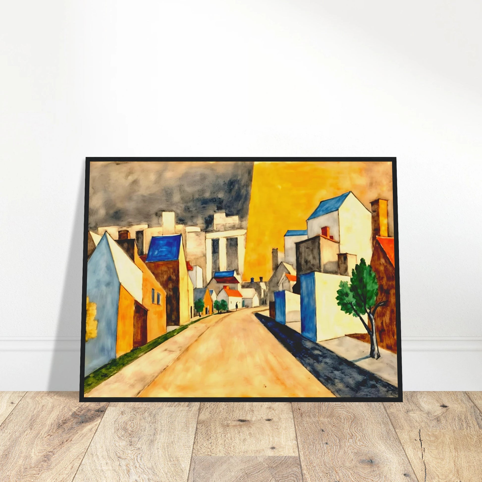 An expressionist townscape featuring a winding street lined with white and golden buildings, vivid blue rooftops, green trees, and a dramatic yellow sky contrasted by dark clouds.