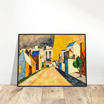 An expressionist townscape featuring a winding street lined with white and golden buildings, vivid blue rooftops, green trees, and a dramatic yellow sky contrasted by dark clouds.