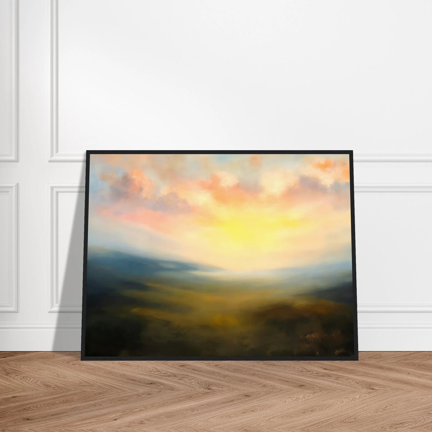 A serene atmospheric landscape featuring a glowing sunrise over mist-covered hills, with soft pink clouds and golden light spreading across a hazy valley.